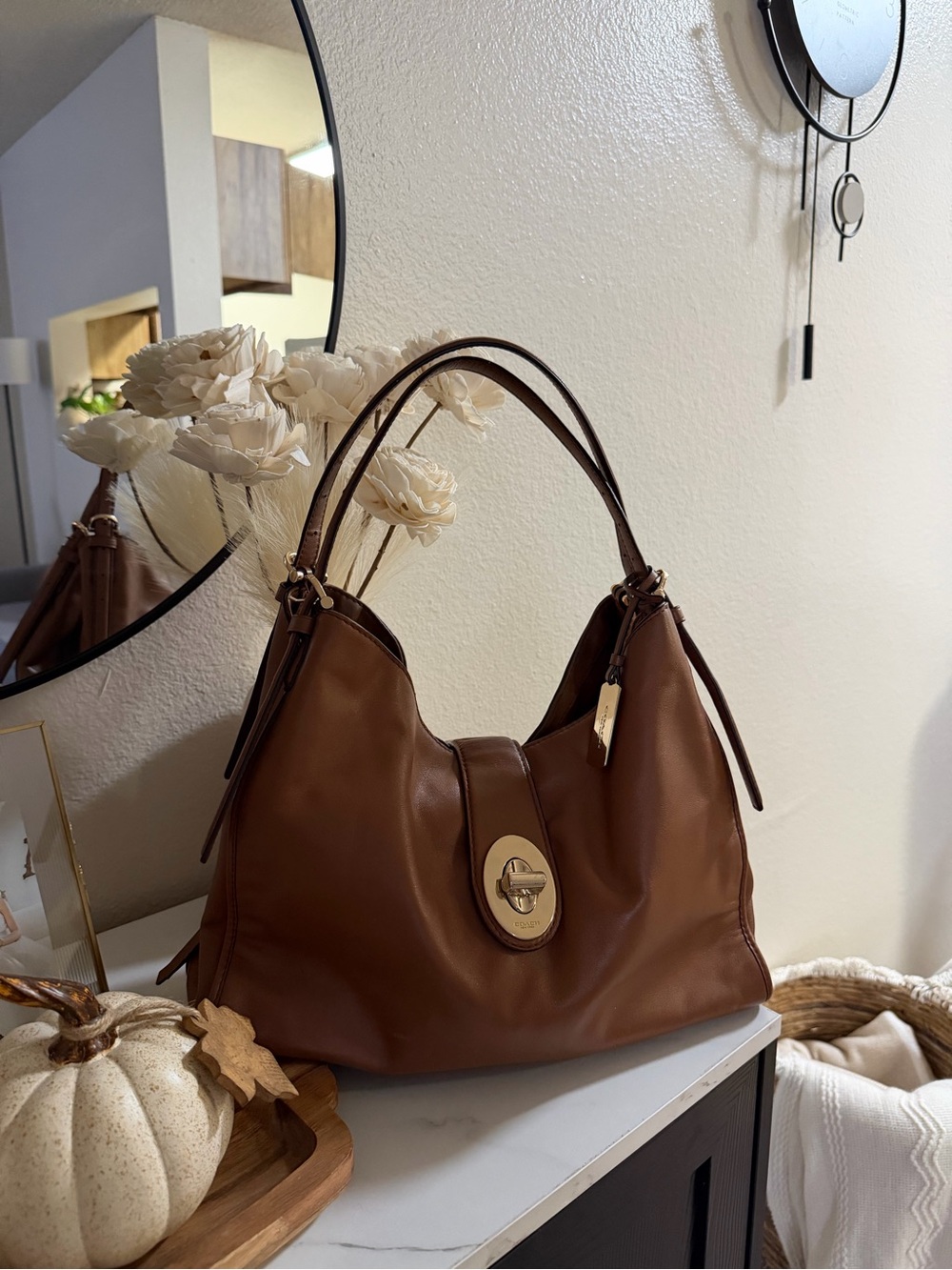 Coach Brown Leather Shoulder Bag with Gold-Tone Turn Lock